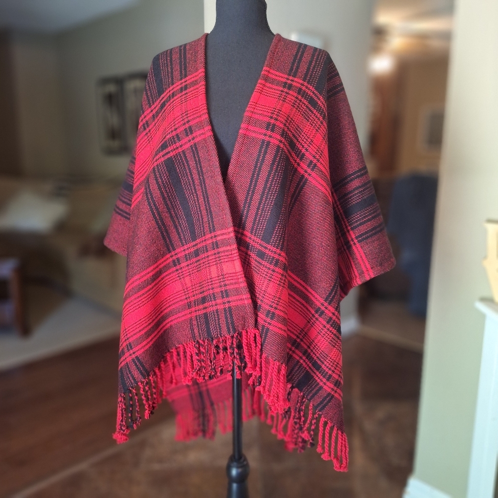 Talbots Wool Blend Woven Plaid Ruana Red Black Poncho Wrap Shrug OS